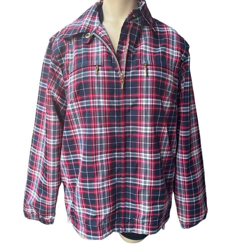 Catalina Jacket Women's Small Windbreaker Plaid Red Blue Gold Tone Zip Pockets